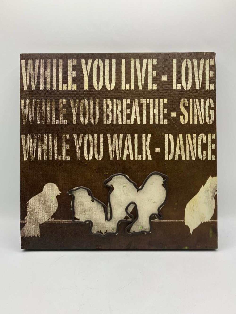 Canvas Wall Metal Birds 3D Inspirational Text 10.5"x10.5" Good Condition